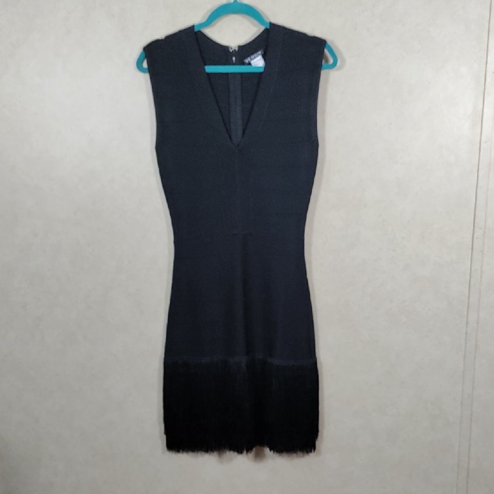 6091 Venus black Bodycon bandage fringe hem mini dress 4
